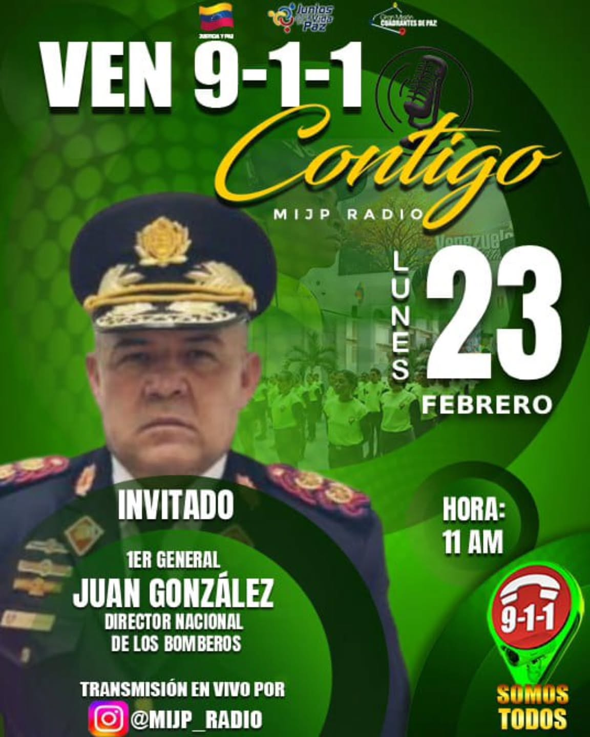 ¡Atención a todos! 📢 Mañana no te pierdas las ideas y pensamientos de nuestro primeyr General (B) Juan Carlos González en el programa "Ven 911 Contigo". A las 11 a.m. a través de la radio del Ministerio del Poder Popular para Relaciones Interiores, Justicia y Paz @mijp_radio
¡Te esperamos! 🎙️✨ #Ven911Contigo #Bomberos